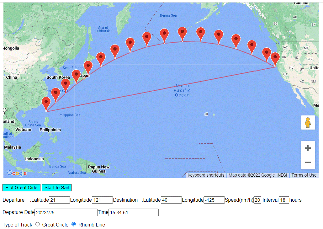 Great Circle and Rhumb line (點擊進入計算網頁)