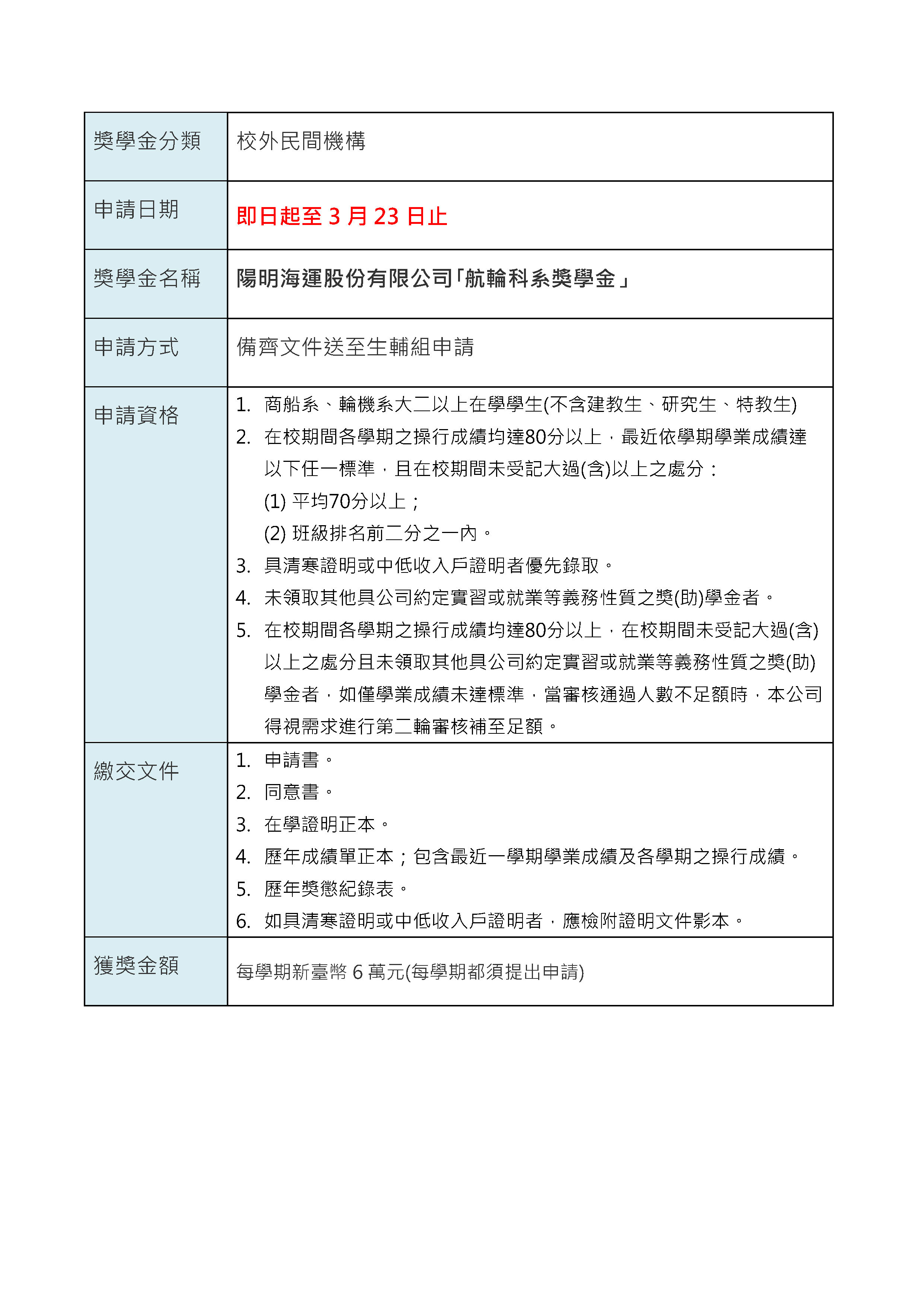 陽明海運股份有限公司航輪科系獎學金